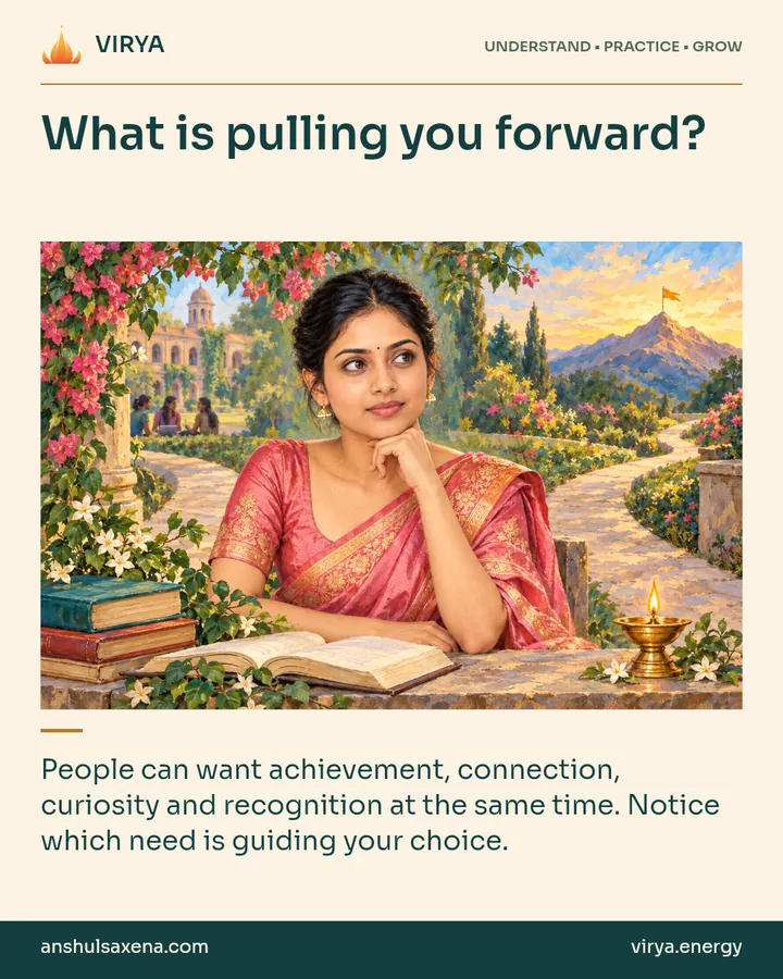 Painting of the recurring young adult Indian woman in an embroidered silk saree, illustrating motivation and competing needs. What is pulling you forward?. People can want achievement, connection, curiosity and recognition at the same time. Notice which need is guiding your choice.