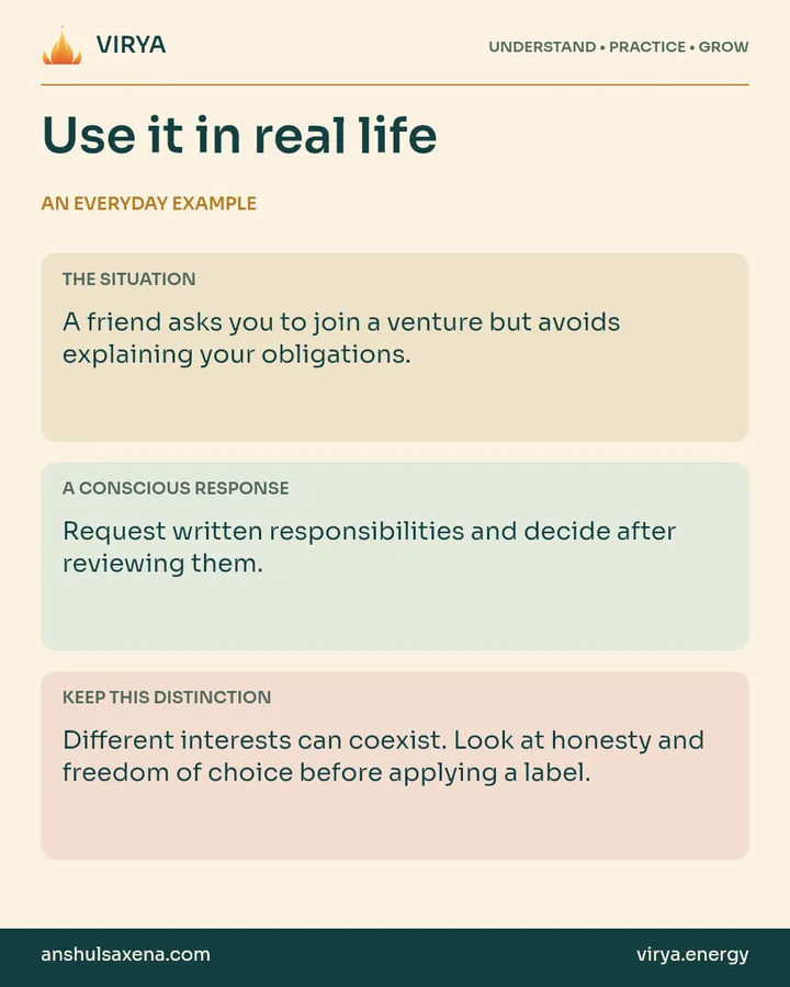 Three panels distinguish an everyday situation, a deliberate response and an important boundary. A friend asks you to join a venture but avoids explaining your obligations.