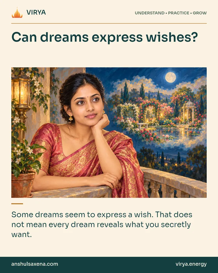 Painting of the recurring young adult Indian woman in an embroidered silk saree, illustrating wish-fulfilment as a theory. Can dreams express wishes?. Some dreams seem to express a wish. That does not mean every dream reveals what you secretly want.