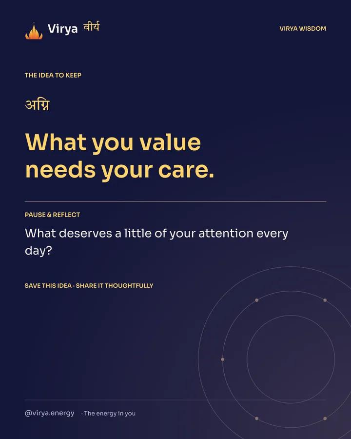 Indigo Virya closing card. What you value needs your care. Reflection question: What deserves a little of your attention every day?