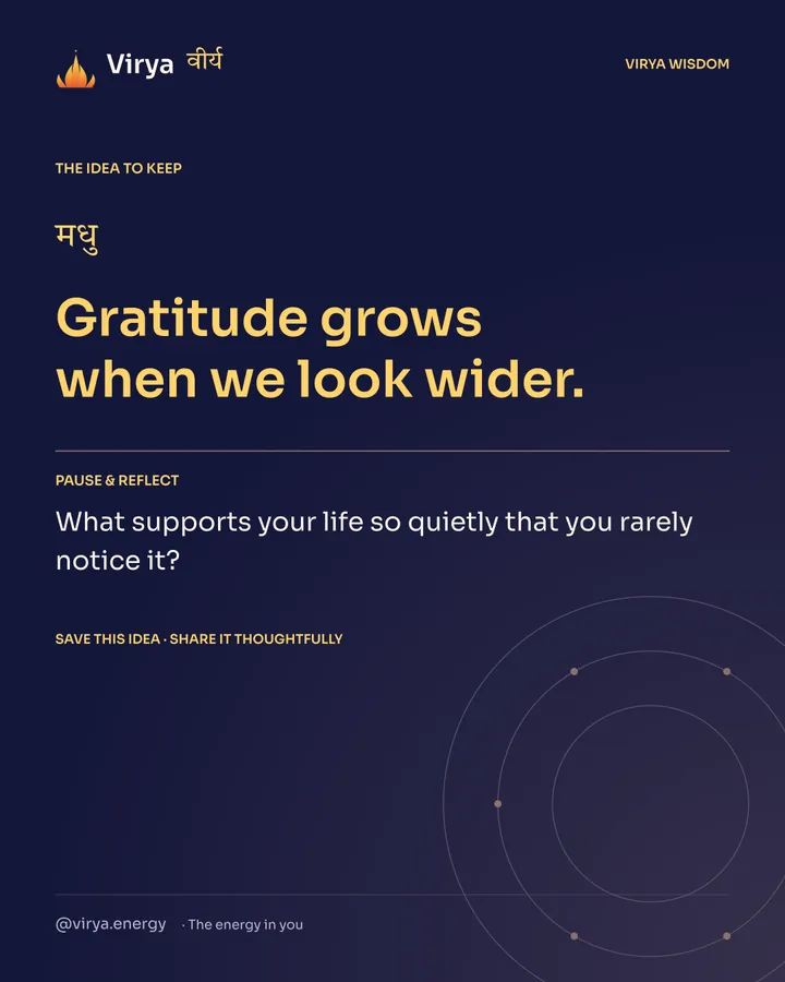 Indigo Virya closing card. Gratitude grows when we look wider. Reflection question: What supports your life so quietly that you rarely notice it?