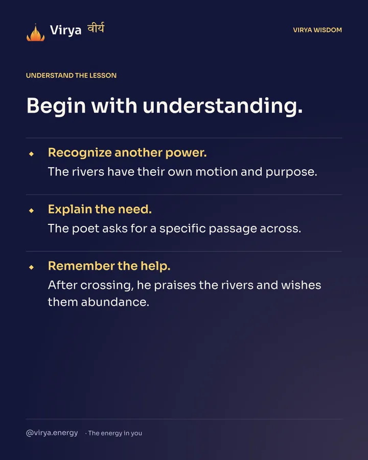 Begin with understanding. Recognize another power. The rivers have their own motion and purpose. Explain the need. The poet asks for a specific passage across. Remember the help. After crossing, he praises the rivers and wishes them abundance.