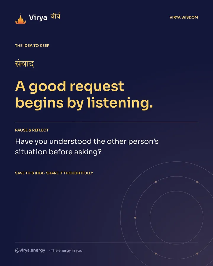 Indigo Virya closing card. A good request begins by listening. Reflection question: Have you understood the other person’s situation before asking?