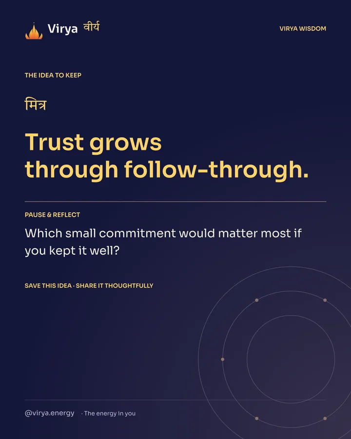 Indigo Virya closing card. Trust grows through follow-through. Reflection question: Which small commitment would matter most if you kept it well?