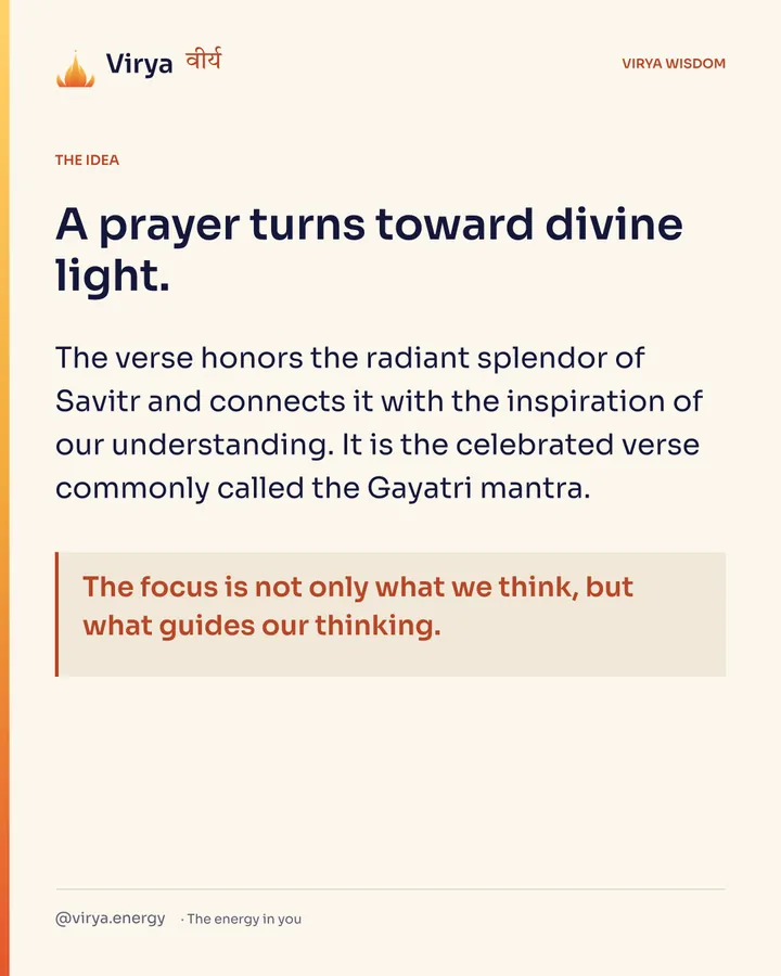 A prayer turns toward divine light. The verse honors the radiant splendor of Savitr and connects it with the inspiration of our understanding. It is the celebrated verse commonly called the Gayatri mantra. The focus is not only what we think, but what guides our thinking.