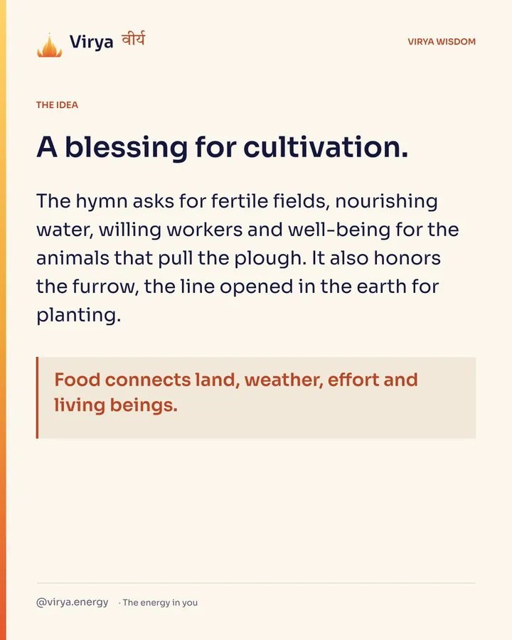 A blessing for cultivation. The hymn asks for fertile fields, nourishing water, willing workers and well-being for the animals that pull the plow. It also honors the furrow, the line opened in the earth for planting. Food connects land, weather, effort and living beings.
