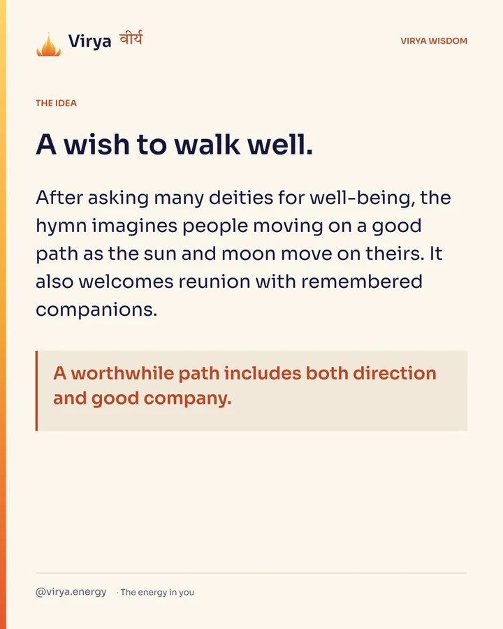A wish to walk well. After asking many deities for well-being, the hymn imagines people moving on a good path as the sun and moon move on theirs. It also welcomes reunion with remembered companions. A worthwhile path includes both direction and good company.