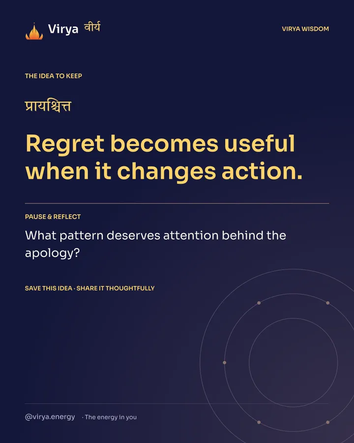 Indigo Virya closing card. Regret becomes useful when it changes action. Reflection question: What pattern deserves attention behind the apology?