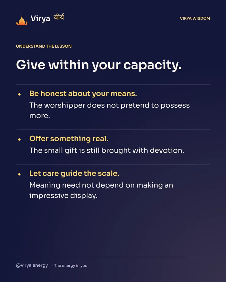 Give within your capacity. Be honest about your means. The worshiper does not pretend to possess more. Offer something real. The small gift is still brought with devotion. Let care guide the scale. Meaning need not depend on making an impressive display.