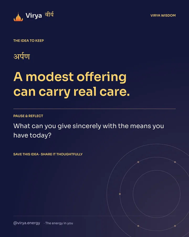 Indigo Virya closing card. A modest offering can carry real care. Reflection question: What can you give sincerely with the means you have today?