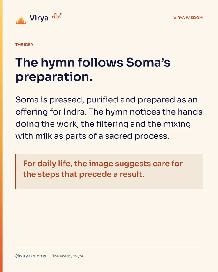 The hymn follows Soma’s preparation. Soma is pressed, purified and prepared as an offering for Indra. The hymn notices the hands doing the work, the filtering and the mixing with milk as parts of a sacred process. For daily life, the image suggests care for the steps that precede a result.