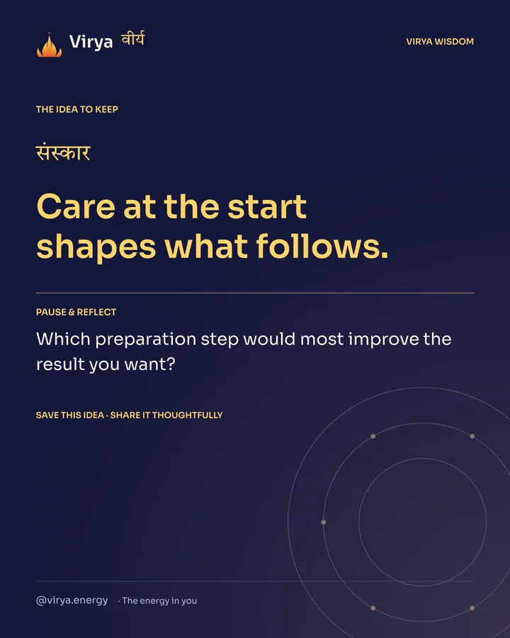 Indigo Virya closing card. Care at the start shapes what follows. Reflection question: Which preparation step would most improve the result you want?