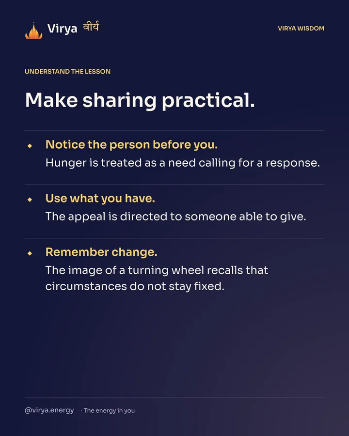 Make sharing practical. Notice the person before you. Hunger is treated as a need calling for a response. Use what you have. The appeal is directed to someone able to give. Remember change. The image of a turning wheel recalls that circumstances do not stay fixed.