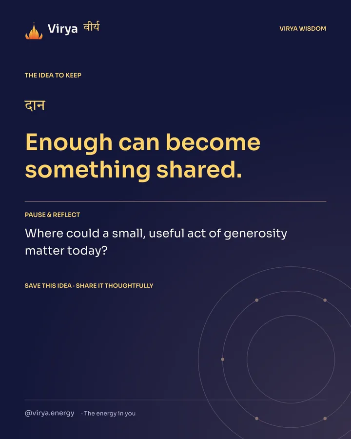 Indigo Virya closing card. Enough can become something shared. Reflection question: Where could a small, useful act of generosity matter today?