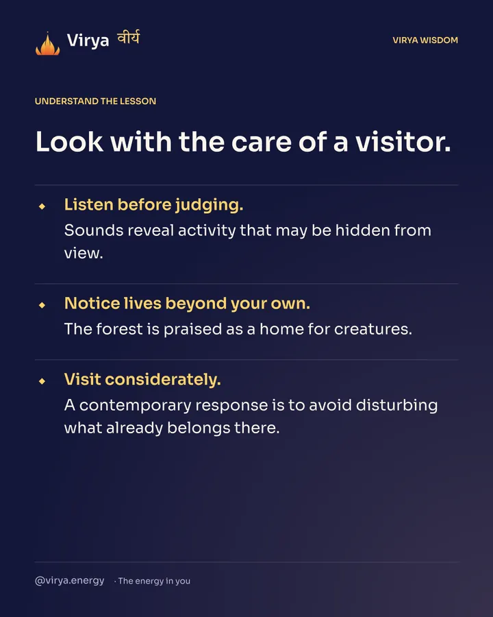 Look with the care of a visitor. Listen before judging. Sounds reveal activity that may be hidden from view. Notice lives beyond your own. The forest is praised as a home for creatures. Visit considerately. A contemporary response is to avoid disturbing what already belongs there.