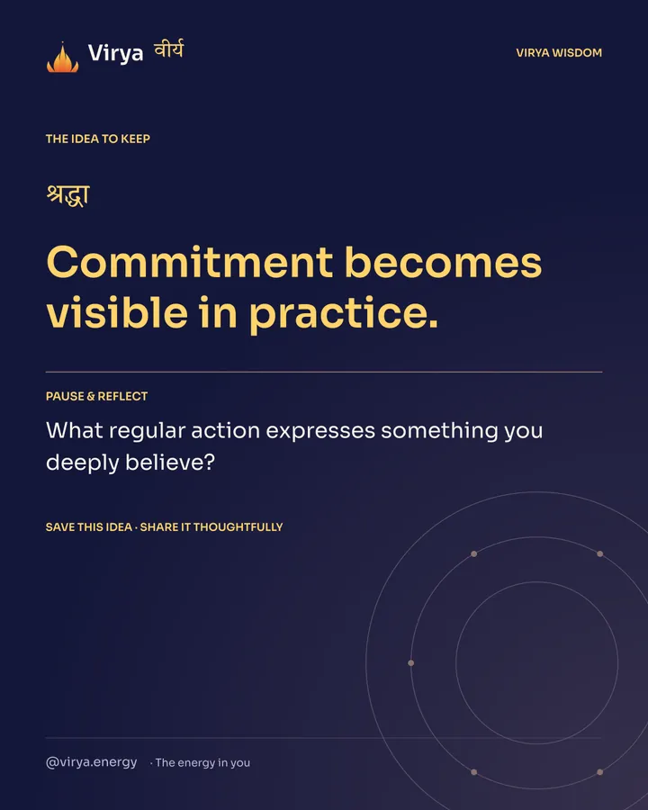 Indigo Virya closing card. Commitment becomes visible in practice. Reflection question: What regular action expresses something you deeply believe?