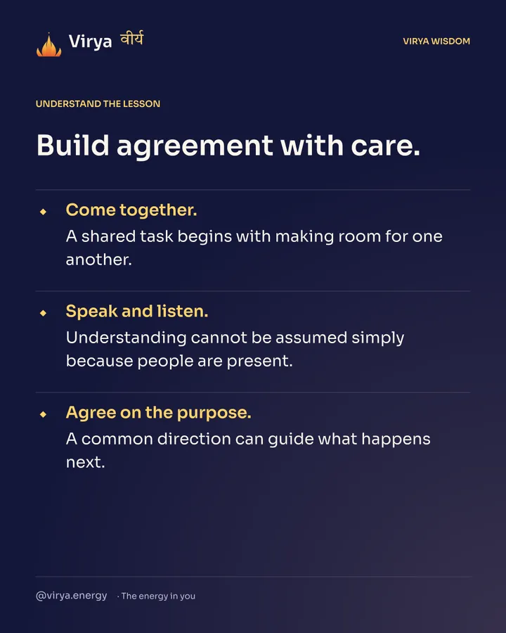 Build agreement with care. Come together. A shared task begins with making room for one another. Speak and listen. Understanding cannot be assumed simply because people are present. Agree on the purpose. A common direction can guide what happens next.