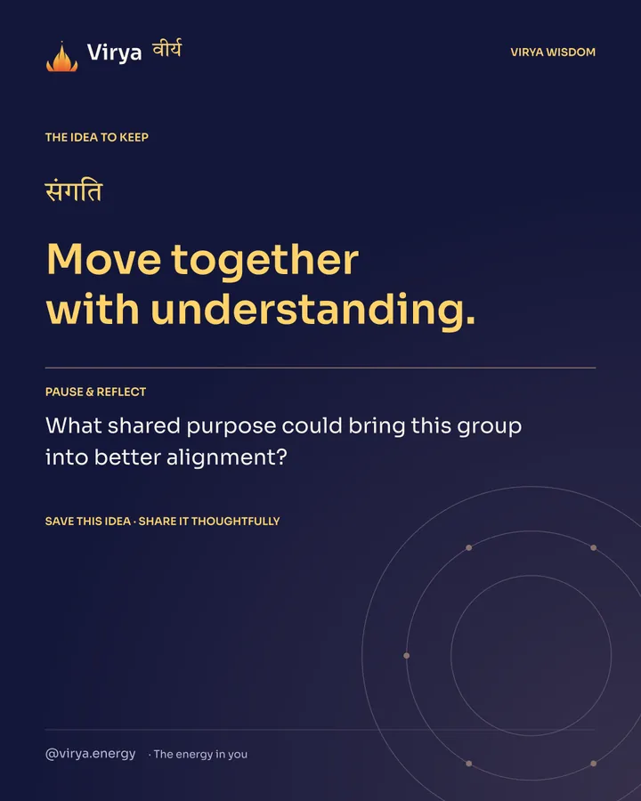 Indigo Virya closing card. Move together with understanding. Reflection question: What shared purpose could bring this group into better alignment?