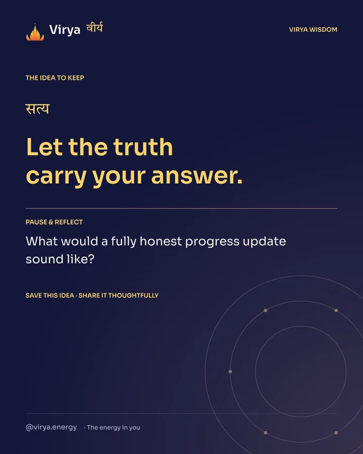 Indigo Virya closing card. Let the truth carry your answer. Reflection question: What would a fully honest progress update sound like?