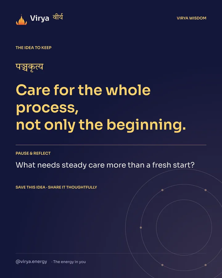 Indigo Virya closing card. Care for the whole process, not only the beginning. Reflection question: What needs steady care more than a fresh start?