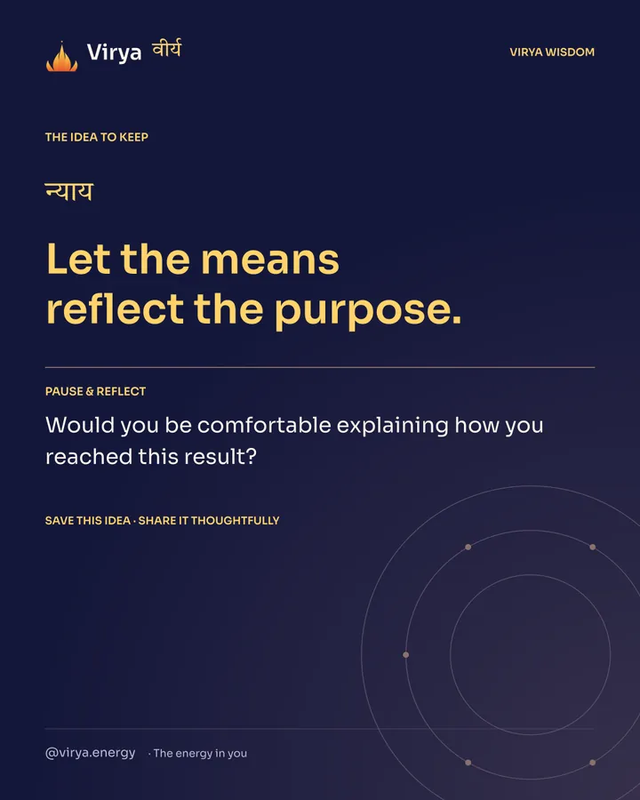 Indigo Virya closing card. Let the means reflect the purpose. Reflection question: Would you be comfortable explaining how you reached this result?