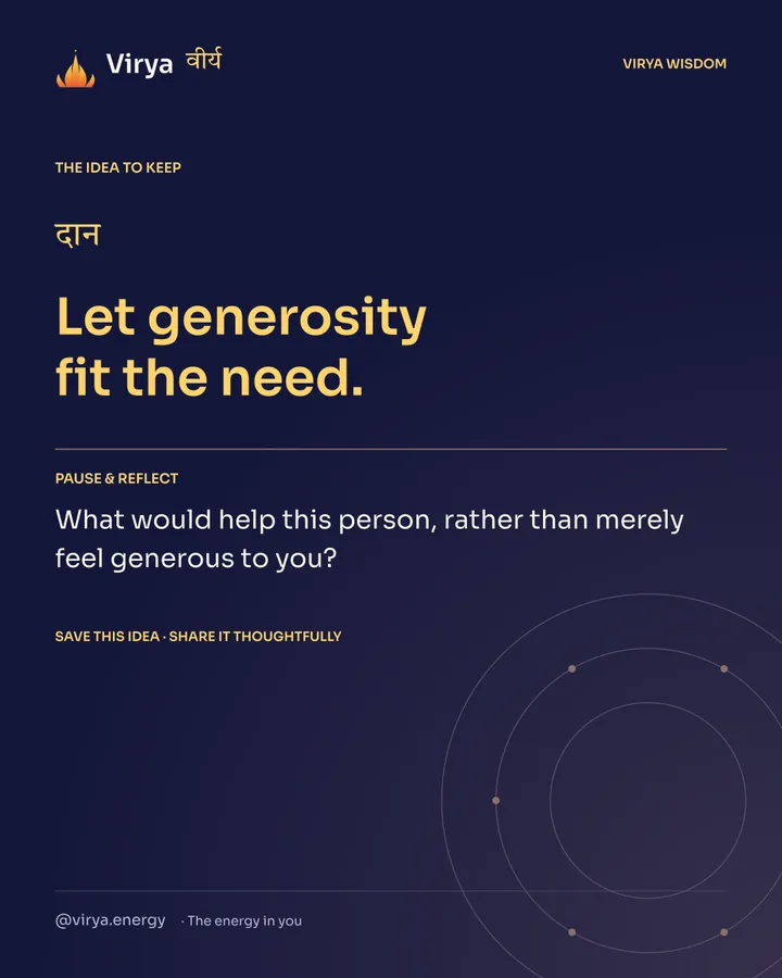 Indigo Virya closing card. Let generosity fit the need. Reflection question: What would help this person, rather than merely feel generous to you?