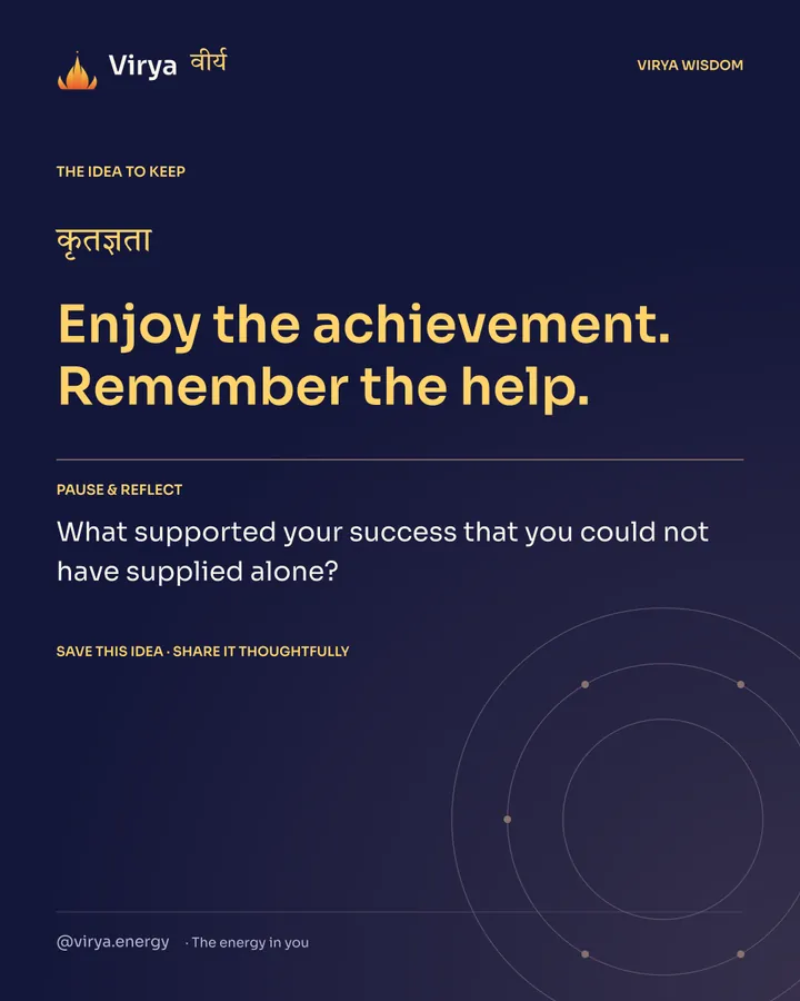 Indigo Virya closing card. Enjoy the achievement. Remember the help. Reflection question: What supported your success that you could not have supplied alone?
