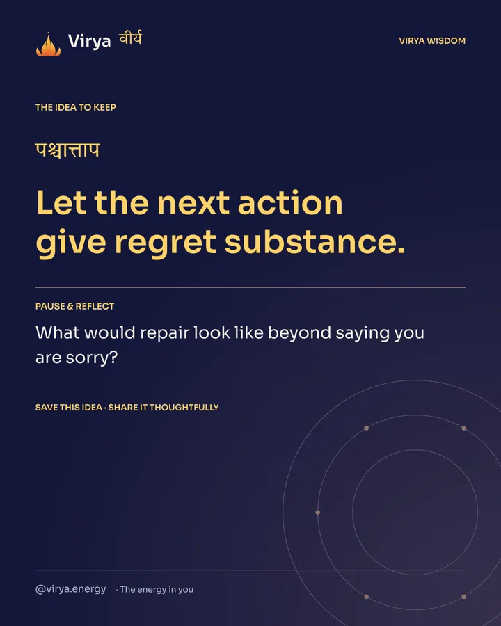 Indigo Virya closing card. Let the next action give regret substance. Reflection question: What would repair look like beyond saying you are sorry?