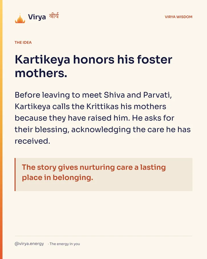 Kartikeya honors his foster mothers. Before leaving to meet Shiva and Parvati, Kartikeya calls the Krittikas his mothers because they have raised him. He asks for their blessing, acknowledging the care he has received. The story gives nurturing care a lasting place in belonging.