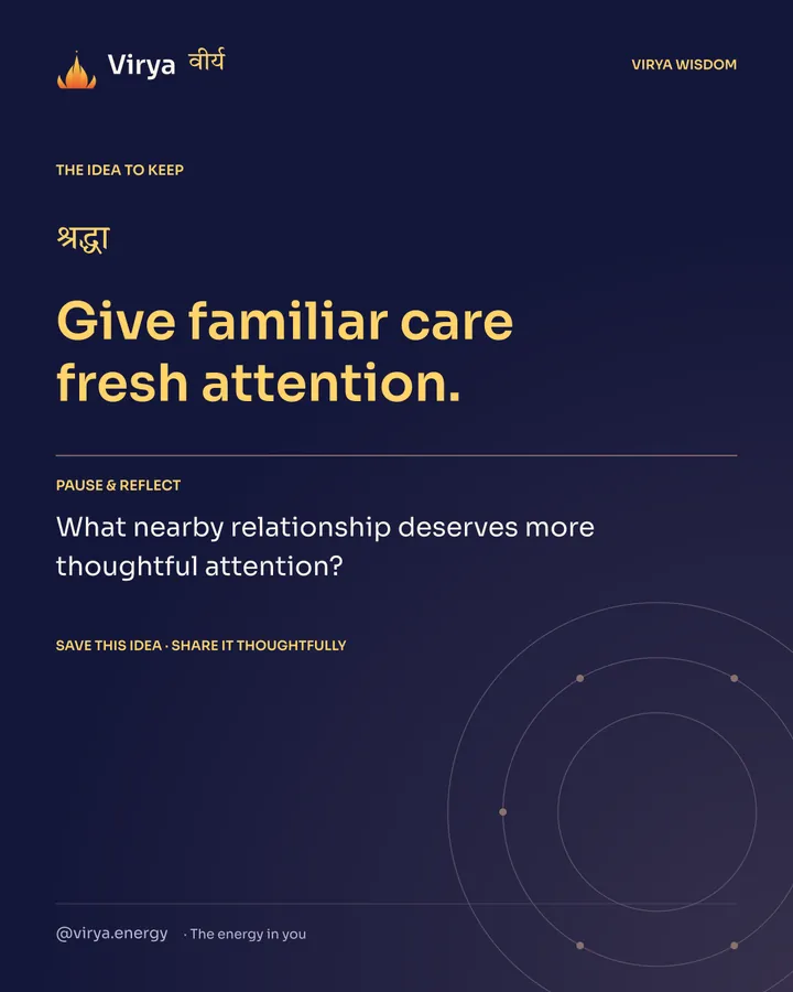 Indigo Virya closing card. Give familiar care fresh attention. Reflection question: What nearby relationship deserves more thoughtful attention?