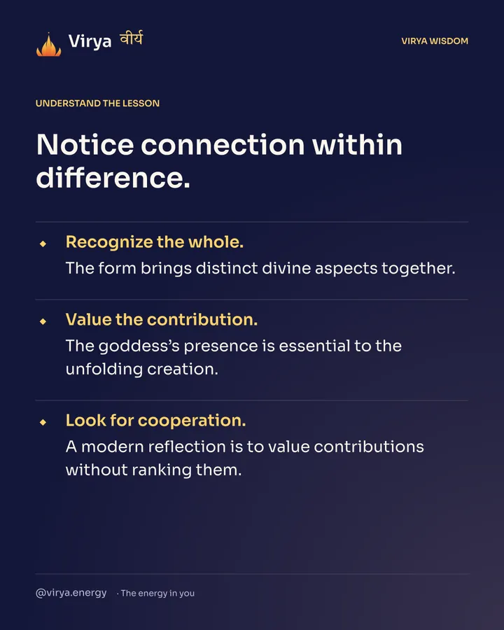 Notice connection within difference. Recognize the whole. The form brings distinct divine aspects together. Value the contribution. The goddess’s presence is essential to the unfolding creation. Look for cooperation. A modern reflection is to value contributions without ranking them.