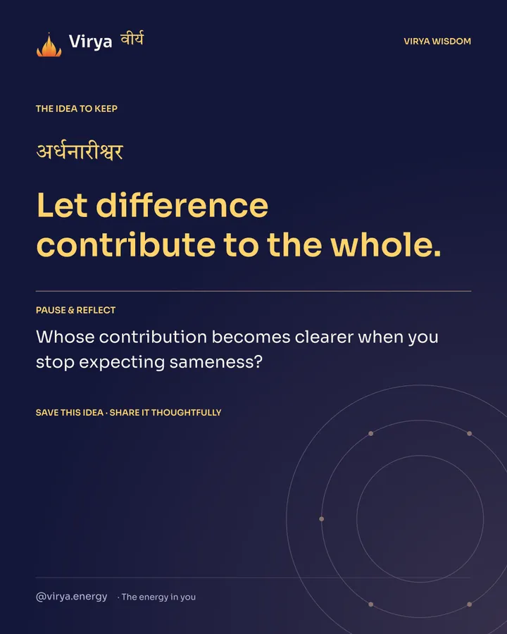 Indigo Virya closing card. Let difference contribute to the whole. Reflection question: Whose contribution becomes clearer when you stop expecting sameness?