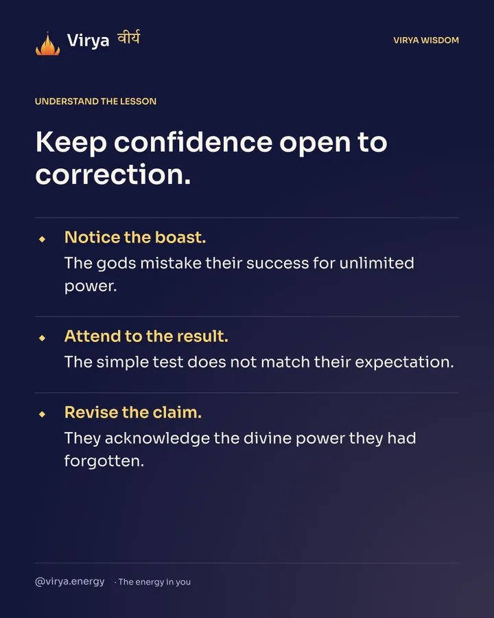 Keep confidence open to correction. Notice the boast. The gods mistake their success for unlimited power. Attend to the result. The simple test does not match their expectation. Revise the claim. They acknowledge the divine power they had forgotten.