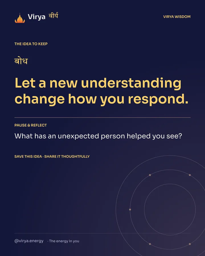 Indigo Virya closing card. Let a new understanding change how you respond. Reflection question: What has an unexpected person helped you see?