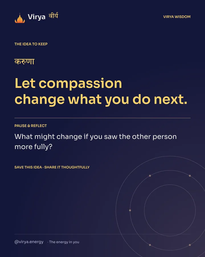 Indigo Virya closing card. Let compassion change what you do next. Reflection question: What might change if you saw the other person more fully?