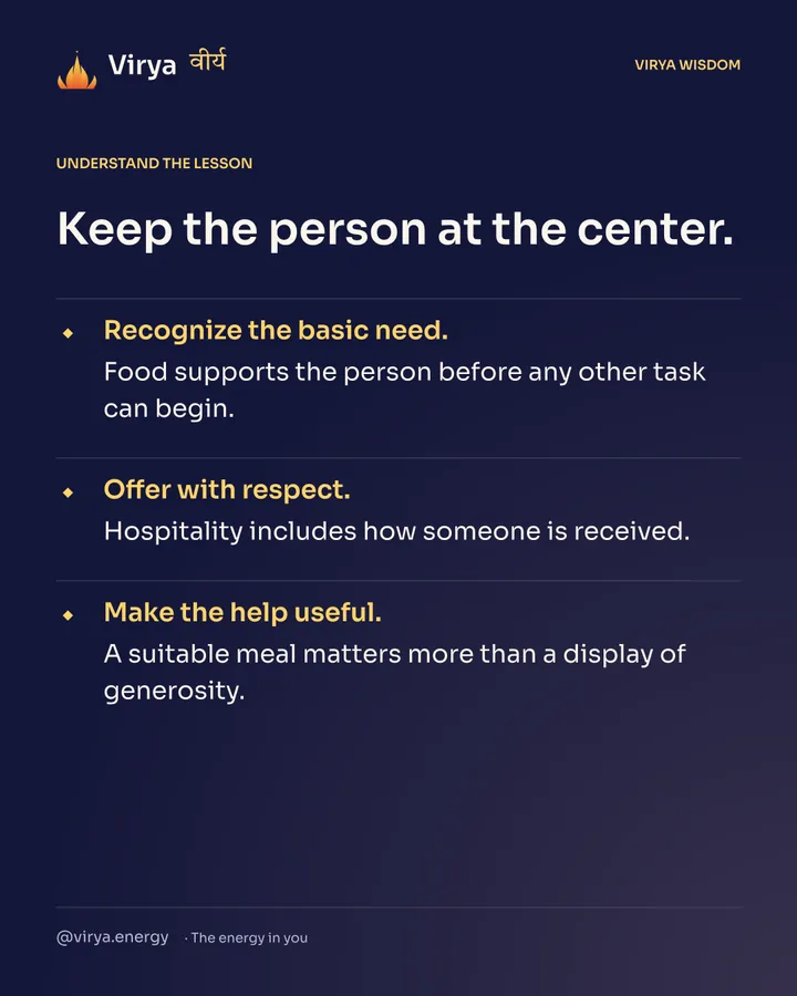 Keep the person at the center. Recognize the basic need. Food supports the person before any other task can begin. Offer with respect. Hospitality includes how someone is received. Make the help useful. A suitable meal matters more than a display of generosity.