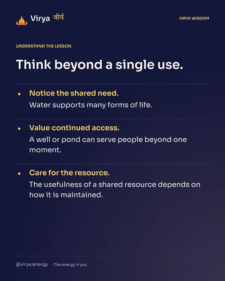 Think beyond a single use. Notice the shared need. Water supports many forms of life. Value continued access. A well or pond can serve people beyond one moment. Care for the resource. The usefulness of a shared resource depends on how it is maintained.