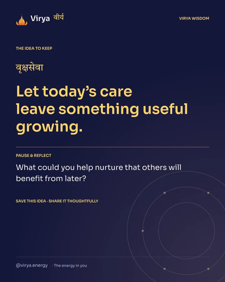 Indigo Virya closing card. Let today’s care leave something useful growing. Reflection question: What could you help nurture that others will benefit from later?