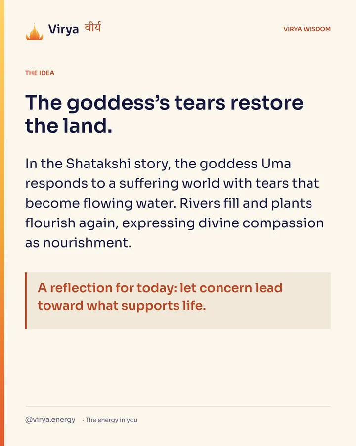 The goddess’s tears restore the land. In the Shatakshi story, the goddess Uma responds to a suffering world with tears that become flowing water. Rivers fill and plants flourish again, expressing divine compassion as nourishment. A reflection for today: let concern lead toward what supports life.