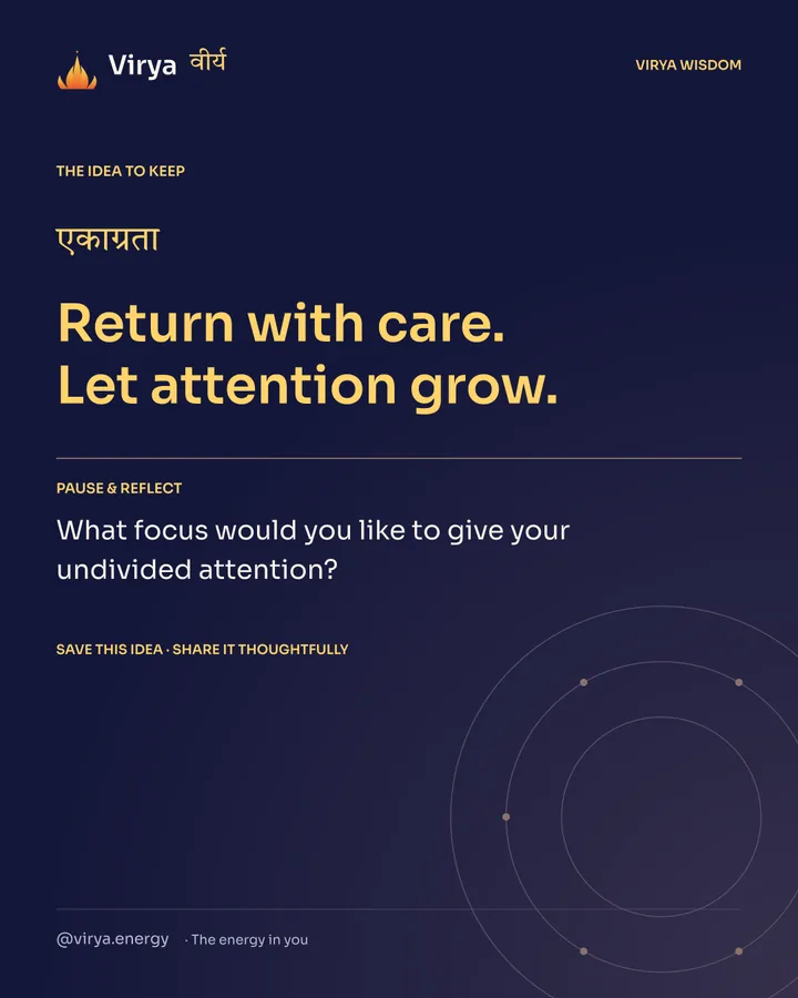 Indigo Virya closing card. Return with care. Let attention grow. Reflection question: What focus would you like to give your undivided attention?