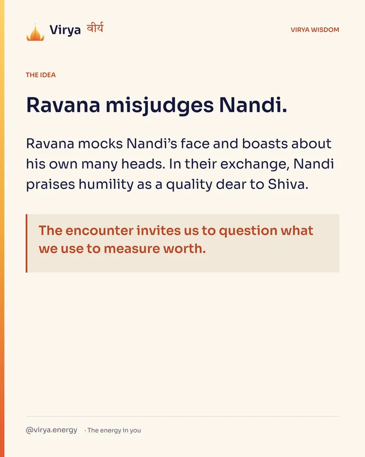 Ravana misjudges Nandi. Ravana mocks Nandi’s face and boasts about his own many heads. In their exchange, Nandi praises humility as a quality dear to Shiva. The encounter invites us to question what we use to measure worth.
