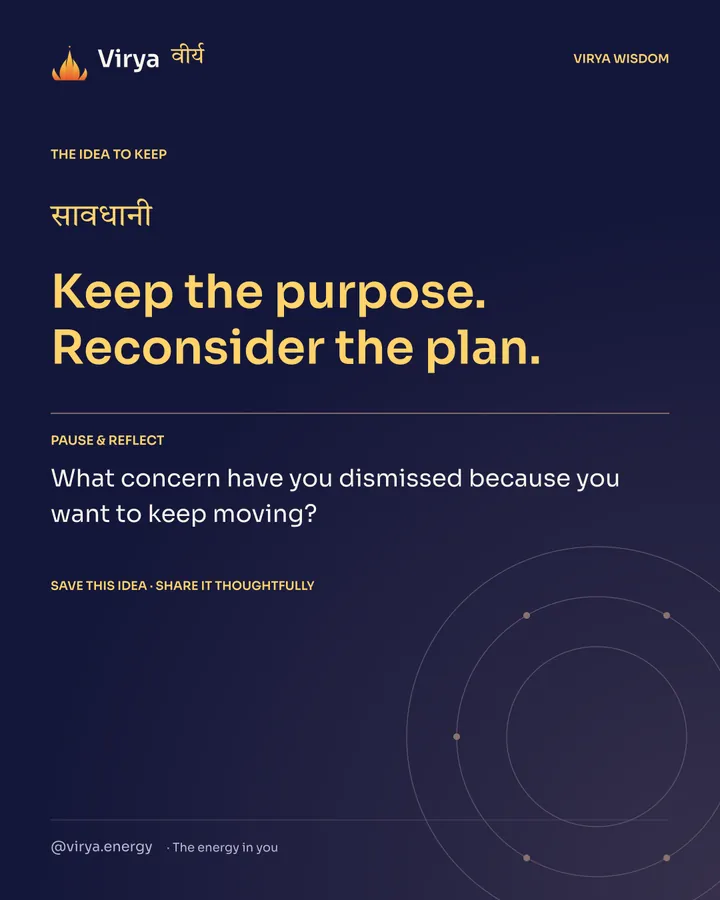 Indigo Virya closing card. Keep the purpose. Reconsider the plan. Reflection question: What concern have you dismissed because you want to keep moving?