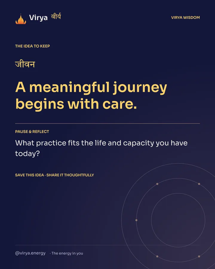 Indigo Virya closing card. A meaningful journey begins with care. Reflection question: What practice fits the life and capacity you have today?