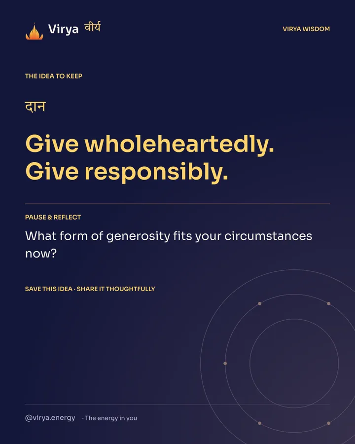 Indigo Virya closing card. Give wholeheartedly. Give responsibly. Reflection question: What form of generosity fits your circumstances now?