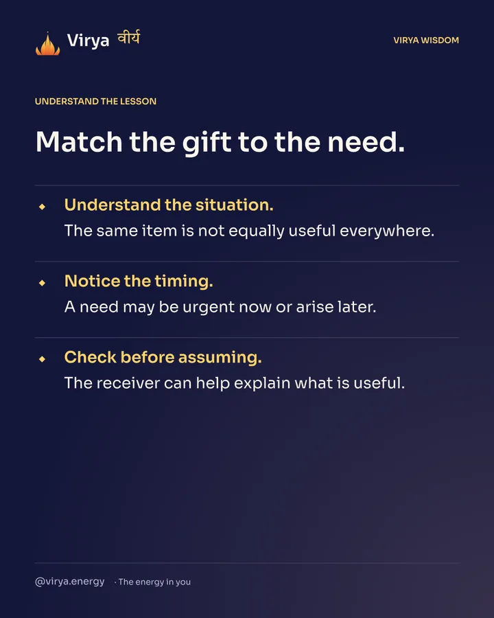 Match the gift to the need. Understand the situation. The same item is not equally useful everywhere. Notice the timing. A need may be urgent now or arise later. Check before assuming. The receiver can help explain what is useful.