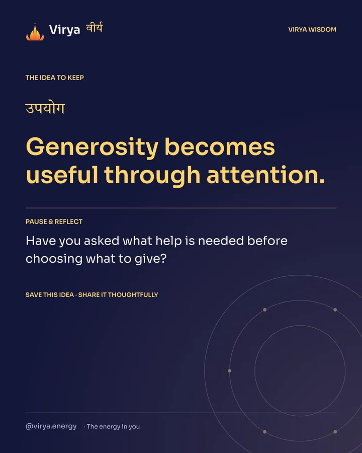Indigo Virya closing card. Generosity becomes useful through attention. Reflection question: Have you asked what help is needed before choosing what to give?