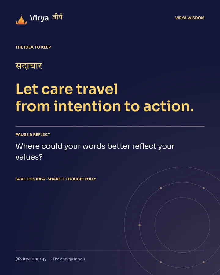Indigo Virya closing card. Let care travel from intention to action. Reflection question: Where could your words better reflect your values?