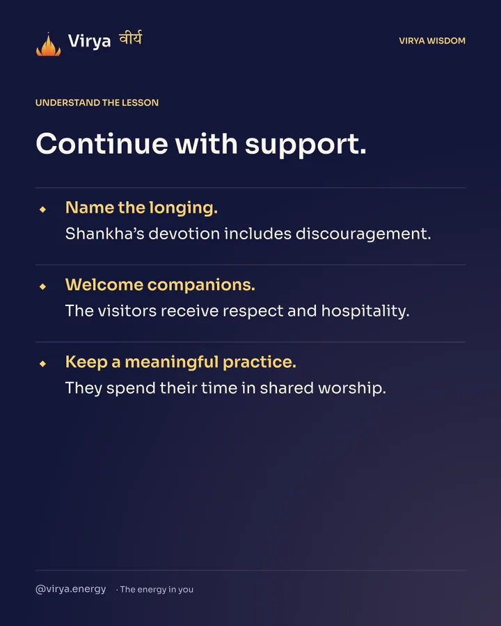 Continue with support. Name the longing. Shankha’s devotion includes discouragement. Welcome companions. The visitors receive respect and hospitality. Keep a meaningful practice. They spend their time in shared worship.