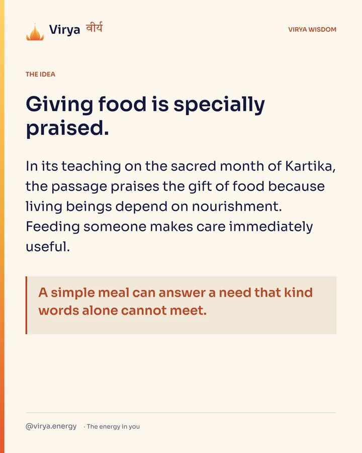 Giving food is specially praised. In its teaching on the sacred month of Kartika, the passage praises the gift of food because living beings depend on nourishment. Feeding someone makes care immediately useful. A simple meal can answer a need that kind words alone cannot meet.