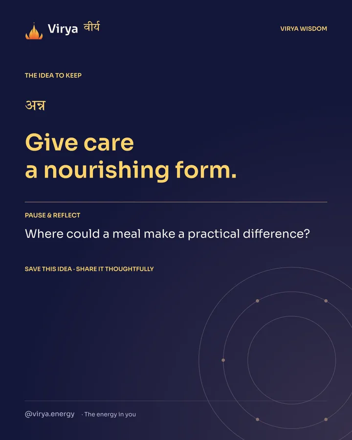 Indigo Virya closing card. Give care a nourishing form. Reflection question: Where could a meal make a practical difference?